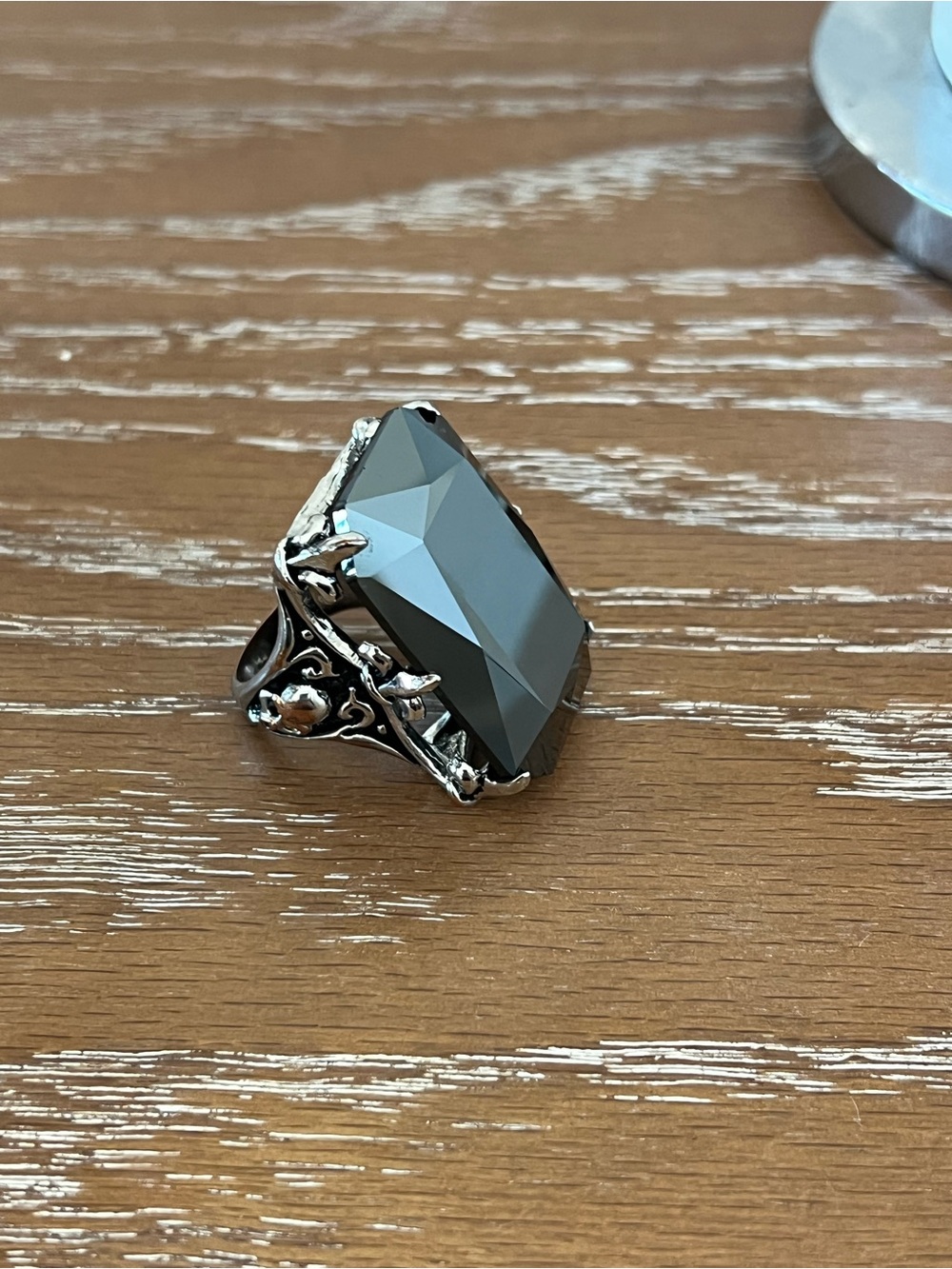 Silver Gothic Black Faceted Statement Ring Huge Black Crystal